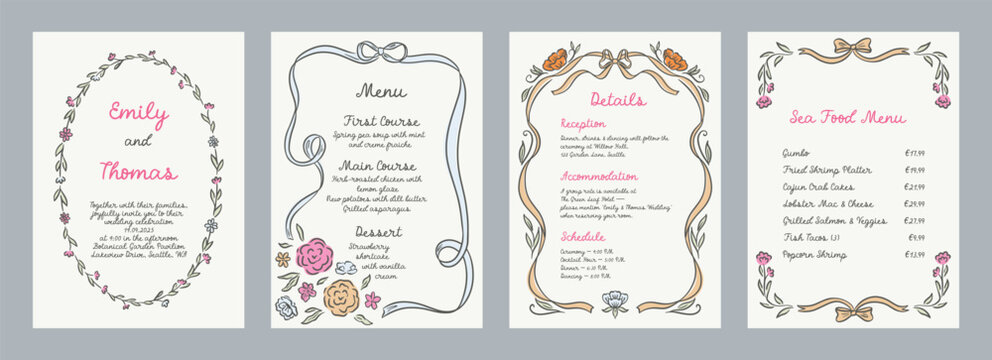 Set of spring whimsical hand-drawn pink blue orange green color frames with flowers and bows in trendy, vintage styles. Perfect for quirky holiday, wedding, birthday gift decorations