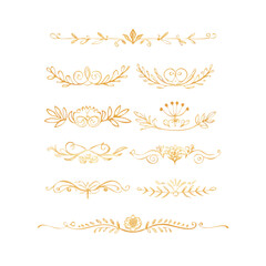 Gold text dividers doodle set. Wedding decorative elements. Divider ornament, borders, floral, vintage line separators. Hand drawn vector illustration isolated on white background. Set page dividers.
