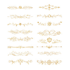 Gold text dividers doodle set. Wedding decorative elements. Divider ornament, borders, floral, vintage line separators. Hand drawn vector illustration isolated on white background. Set page dividers.
