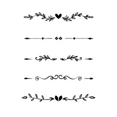 Gold text dividers doodle set. Wedding decorative elements. Divider ornament, borders, floral, vintage line separators. Hand drawn vector illustration isolated on white background. Set page dividers.
