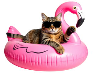 Playful Cat Lying on Flamingo Pool Float with Sunglasses, isolated on transparent background PNG
