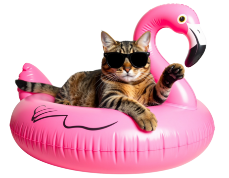 Playful Cat Lying on Flamingo Pool Float with Sunglasses, isolated on transparent background PNG
