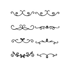 Obraz premium Gold text dividers doodle set. Wedding decorative elements. Divider ornament, borders, floral, vintage line separators. Hand drawn vector illustration isolated on white background. Set page dividers. 