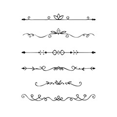 Gold text dividers doodle set. Wedding decorative elements. Divider ornament, borders, floral, vintage line separators. Hand drawn vector illustration isolated on white background. Set page dividers.
