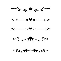 Gold text dividers doodle set. Wedding decorative elements. Divider ornament, borders, floral, vintage line separators. Hand drawn vector illustration isolated on white background. Set page dividers.
