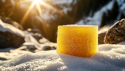 A golden sugar cube sitting on the snow, with the sun shining brightly in front and the mountains behind.