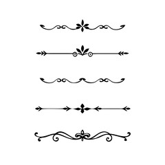 Gold text dividers doodle set. Wedding decorative elements. Divider ornament, borders, floral, vintage line separators. Hand drawn vector illustration isolated on white background. Set page dividers.
