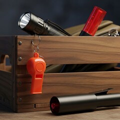 Emergency Preparedness Kit Flashlight, Whistle, and Safety Tools in Wooden Crate