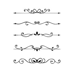 Gold text dividers doodle set. Wedding decorative elements. Divider ornament, borders, floral, vintage line separators. Hand drawn vector illustration isolated on white background. Set page dividers.
