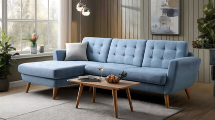 Blue velvet sofa in modern living room with plants