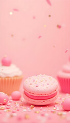 Pink macarons and cupcakes with sprinkles on a cute pink background