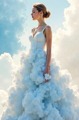 Woman in a white cloud dress standing against a blue sky and dreamy clouds — a surreal, ethereal concept ideal for fashion, fantasy, creativity, spirituality, inspirational design use, banner, card