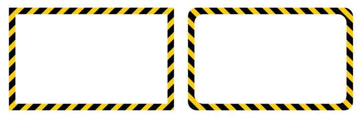 Safety frame with black and yellow diagonal stripes and sharp corners. Ideal for warning labels, construction signs, hazard alerts, and workplace safety notices.