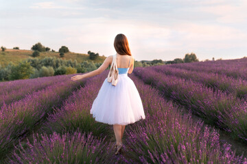 Back view. Ballerina girl with pointe shoes in hands in the middle of lavender bushes at sunset. A cute ballerina in ballet costume posing on lavender field. The concept of ballet, grace and beauty	
