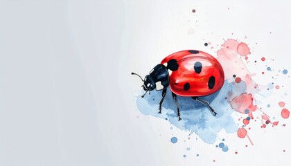 Obraz premium 落ち着いたライトグレーのマット背景の右下隅に、鮮やかな赤のてんとう虫を水彩で描いたミニマルで清潔感あるイラスト