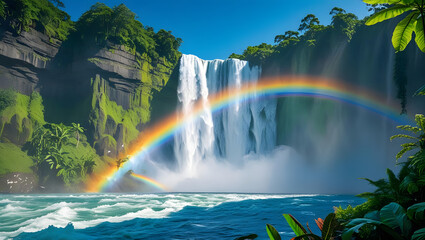 A breathtaking wide-angle view of a majestic waterfall cascading down lush, green cliffs. A vibrant, full rainbow arches across the misty spray