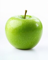 Fresh Green Apple with Water Droplets on Bright White Background