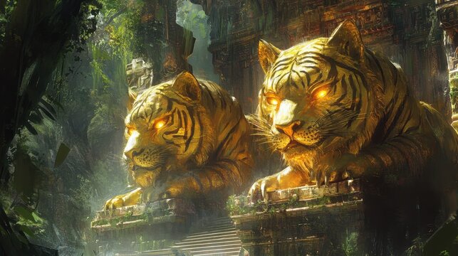 Guardians of the Ancient: Two majestic golden tiger statues stand watch, their eyes glowing with an ethereal light, amidst the ruins of a lost civilization.