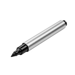 Single new silver permanent marker with metallic barrel, black cap, chiseled felt tip, isolated on seamless transparent background, precise studio lighting, high resolution product photography concept
