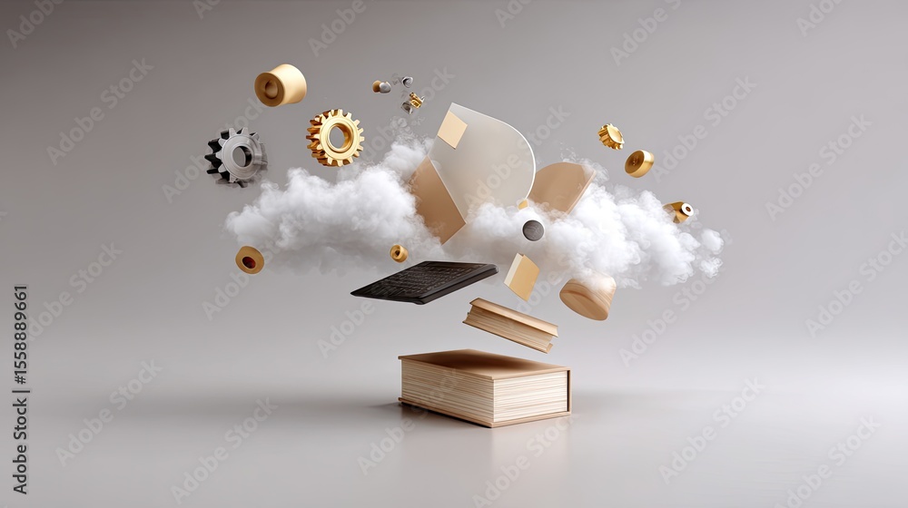 Poster creative imagery of abstract objects and cloud formations above book