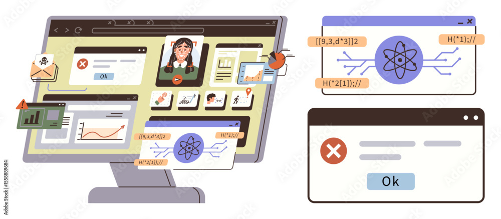 Poster computer screen with user profiles, analytical charts, error notifications, and atomic structure dia
