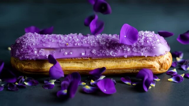 Purple sugarcoated eclair with falling petals on dark background