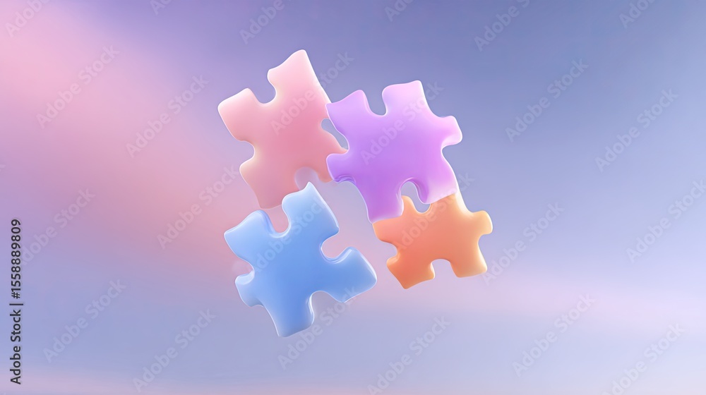 Poster colorful puzzle pieces floating on a soft gradient background