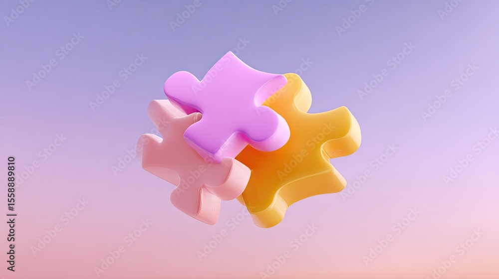 Poster colorful puzzle pieces floating in a soft gradient background