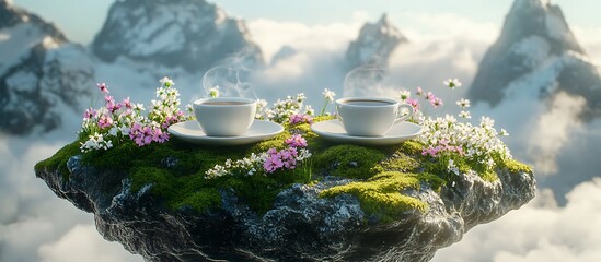 A floating island with moss-covered rocks, delicate flowers, and two white cups of tea in the middle.