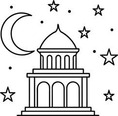 Temple Under Stars and Crescent Moon
