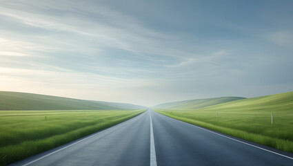 Naklejka premium Empty asphalt road stretching into a hazy, green landscape under a soft sky.