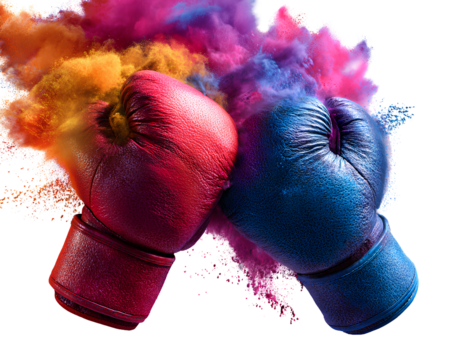 Rainbow boxing gloves impact with splash, transparent background