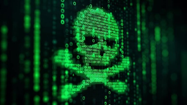 Digital skull made of binary code representing cyber threat