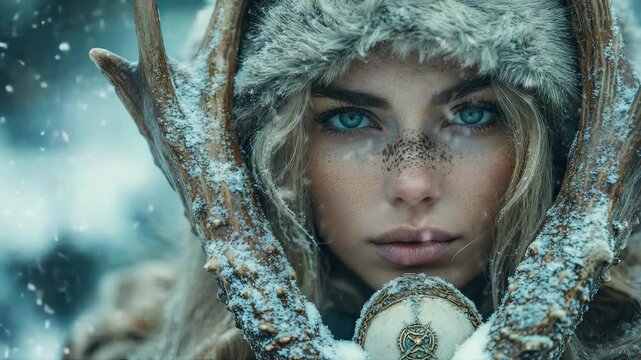 Beautiful woman in snowy forest, wearing fur and holding antlers with a mystical medallion, evoking Scandi holiday mythology. High quality 4k footage