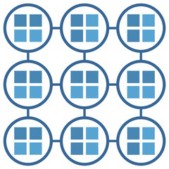 A seamless abstract pattern of blue checkered grids within interconnected circles. Ideal for technology, data and connectivity design projects.