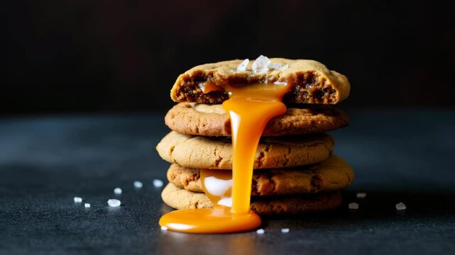Gooey caramel dripping from a stack of fresh cookies in delicious slow motion