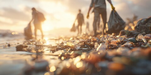 Dedicated Eco-Volunteers Collect Trash on a Sun-Drenched Beach at Sunset, Symbolizing Community Action, Environmental Stewardship, and a Collective Commitment to Ocean Conservation