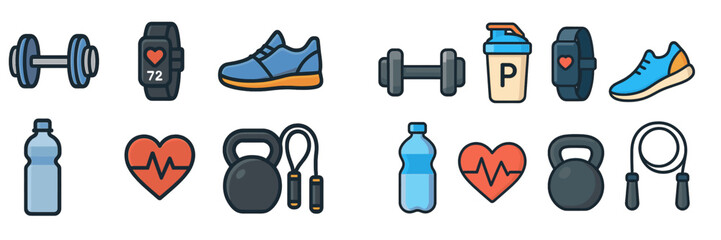 Fitness icons showcasing workout essentials including dumbbells, shoes, and heart health symbols for a healthy lifestyle