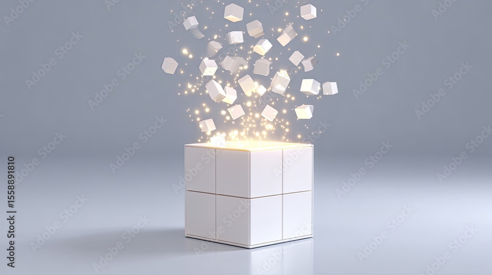 Poster magical cube with shimmering particles and floating shapes