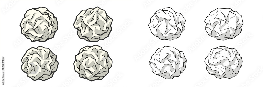 Poster collection of crumpled paper balls in various orientations on a simple background