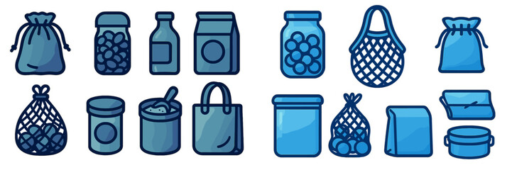 Various containers and bags using a blue color scheme for storage and organization purposes