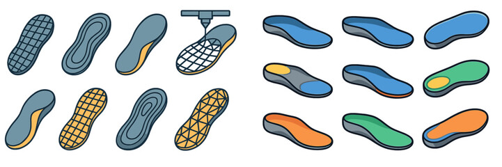Variety of shoe insoles showcased in a creative arrangement with different designs and colors