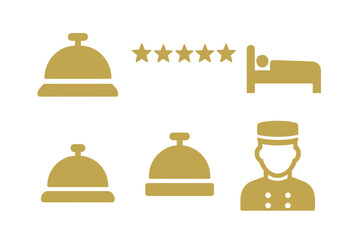 Hotel service icons representing reception, guest satisfaction, and hospitality in a minimalistic style