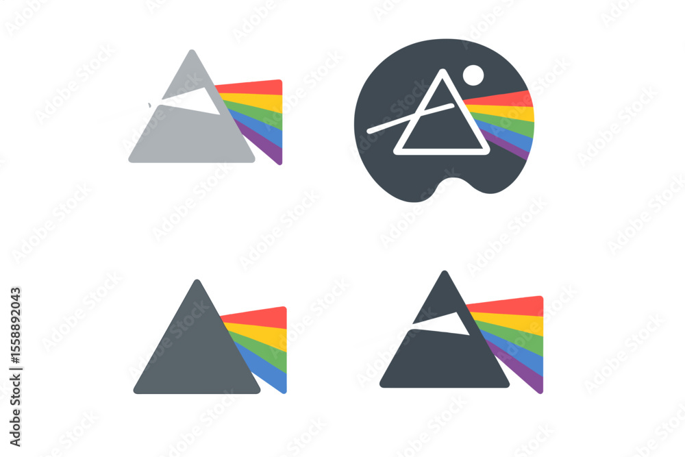 Poster distinct designs showcasing a prism and rainbow concept with artistic elements and color variations 