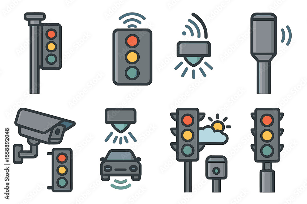 Poster traffic light system designs showcasing various types and features of traffic signals and monitoring