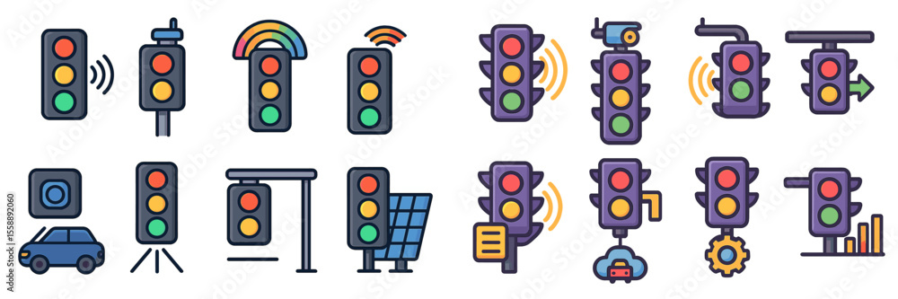 Poster traffic signal designs showcasing various styles and functionalities in urban settings during daytim
