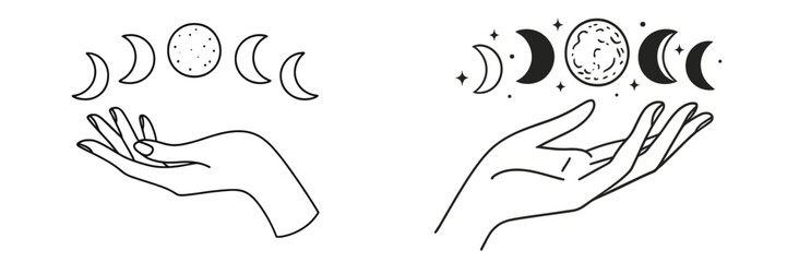 Obraz premium Hands reaching out to celestial bodies with various phases of the moon and stars in a minimalist design