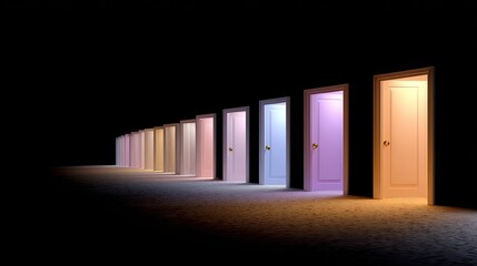 Fototapeta premium Vibrant Doors of Possibility in a Dimly Lit Environment