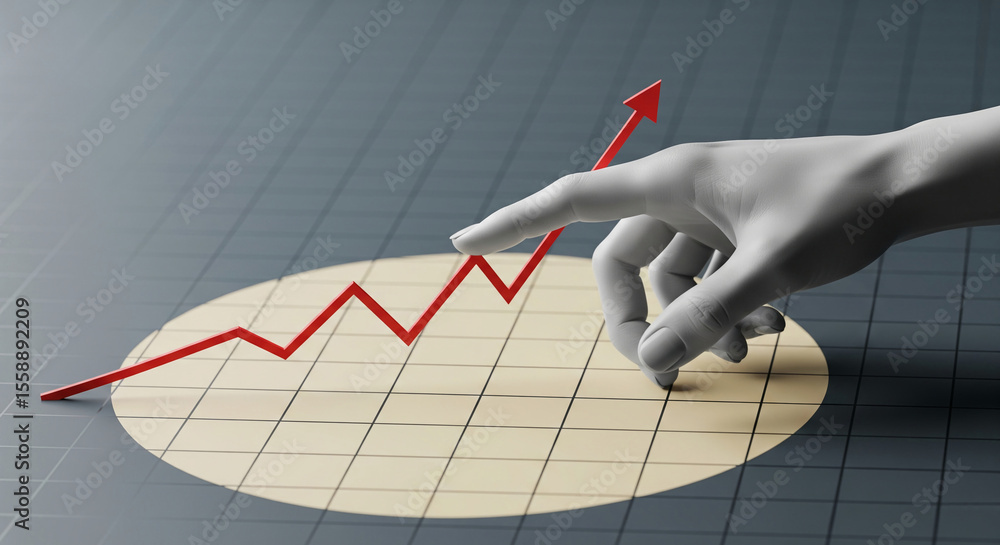Poster hand interacting with upward red arrow graph on beige circle, dark grid background, showcasing growt