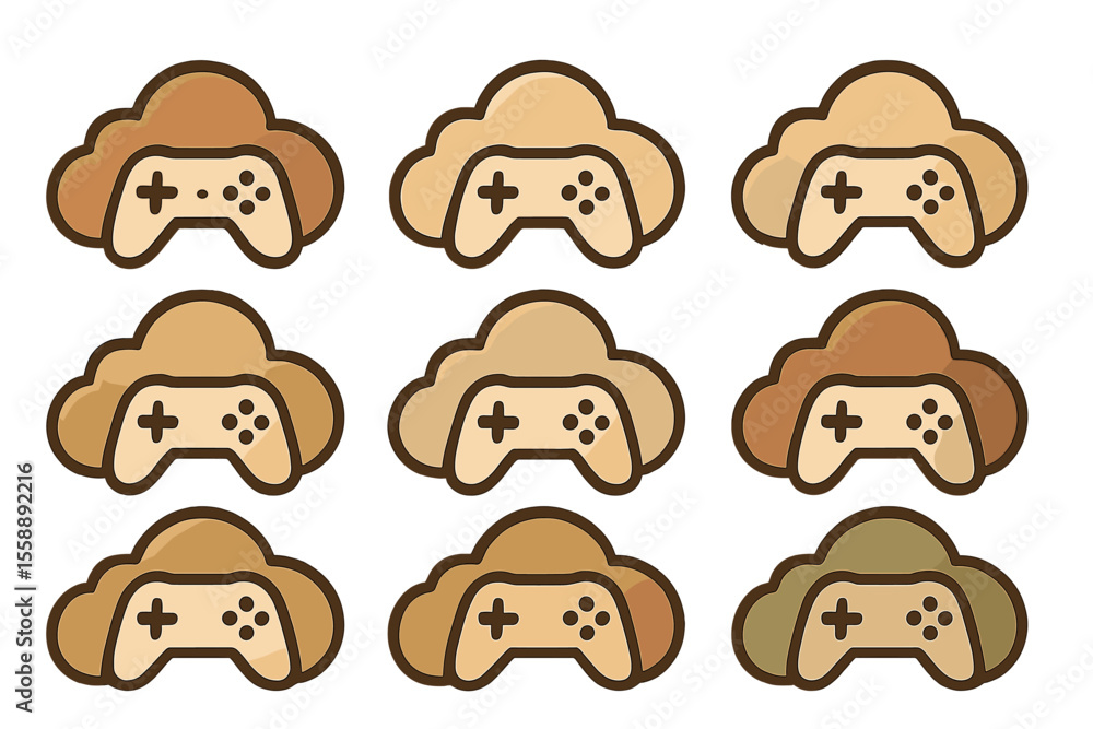 Poster different designs of gaming controllers set against colorful cloud backgrounds in playful patterns c